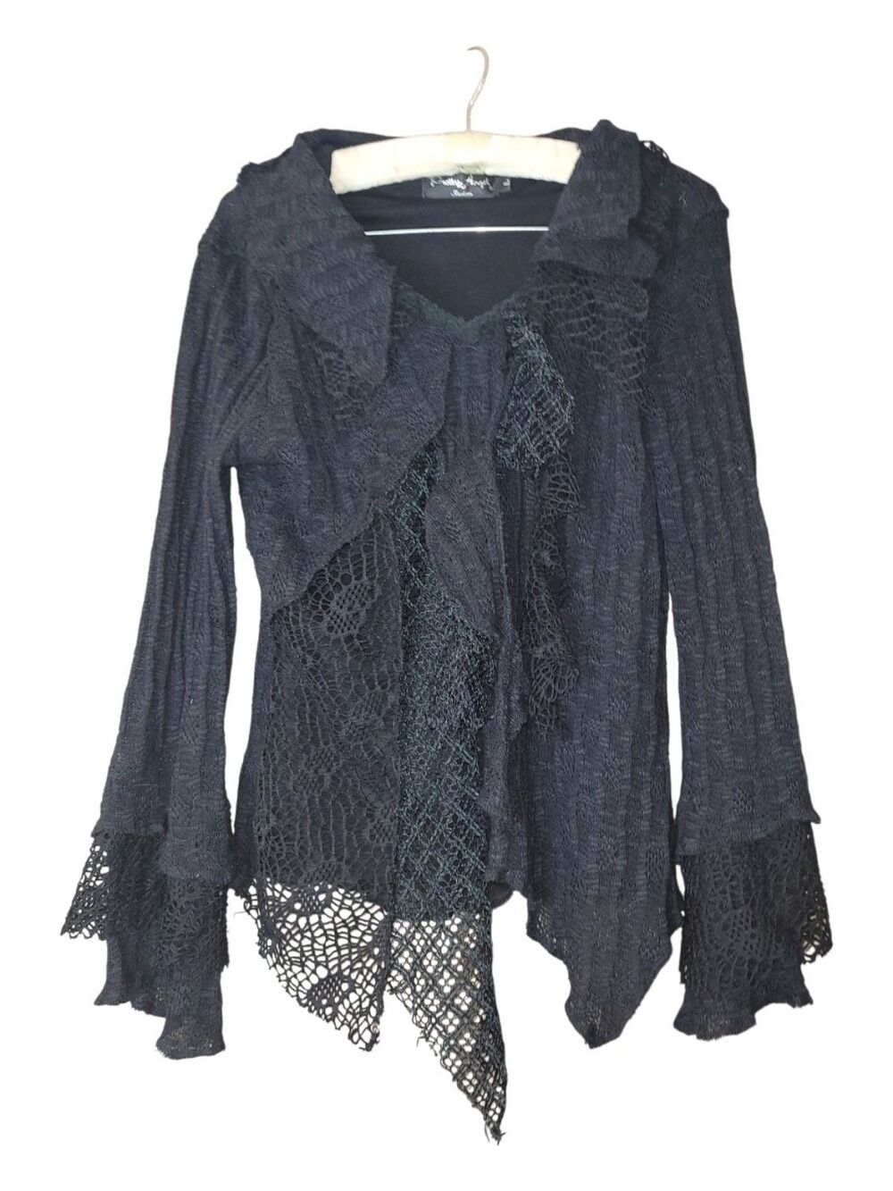 Pretty Angel Whimsigoth Black Linen blend Long Sleeved Top Lace Crochet Lace L
